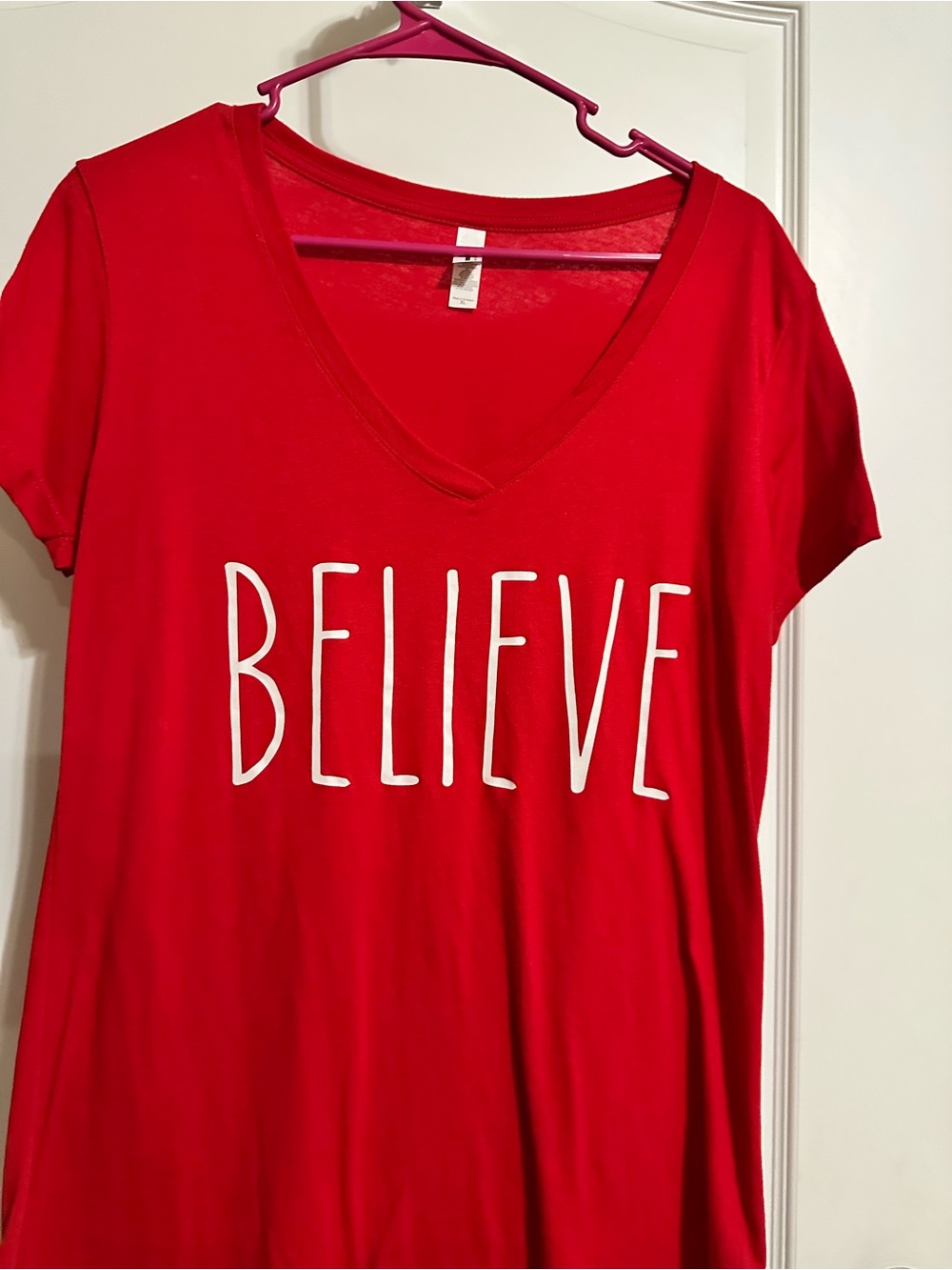 Hanes Red 'BELIEVE' Short Sleeve V-Neck Tee